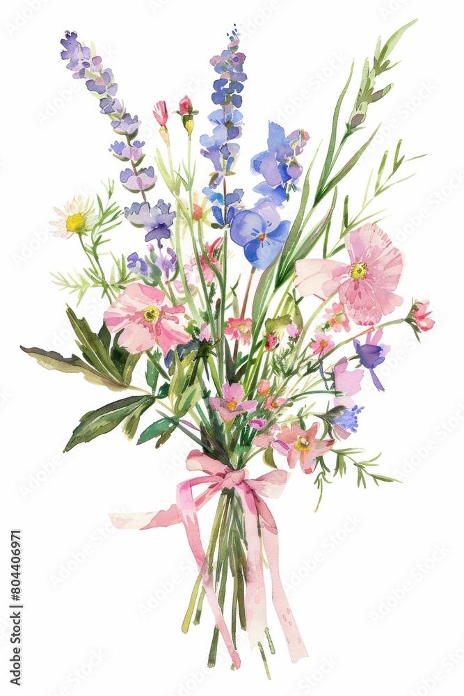 Watercolor painting of a vibrant bouquet of wildflowers tied with a delicate pink ribbon on white background
