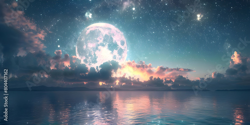 Moon, Clouds, and Starry Sky Reflecting on Sparkling Water Background, Serene Moon, Clouds, and Starry Sky Cast Their Glow Over Sparkling Water Background - Ai Generated