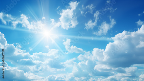 blue sky with clouds, Blue sky with white clouds and sun rays © Taijidesign