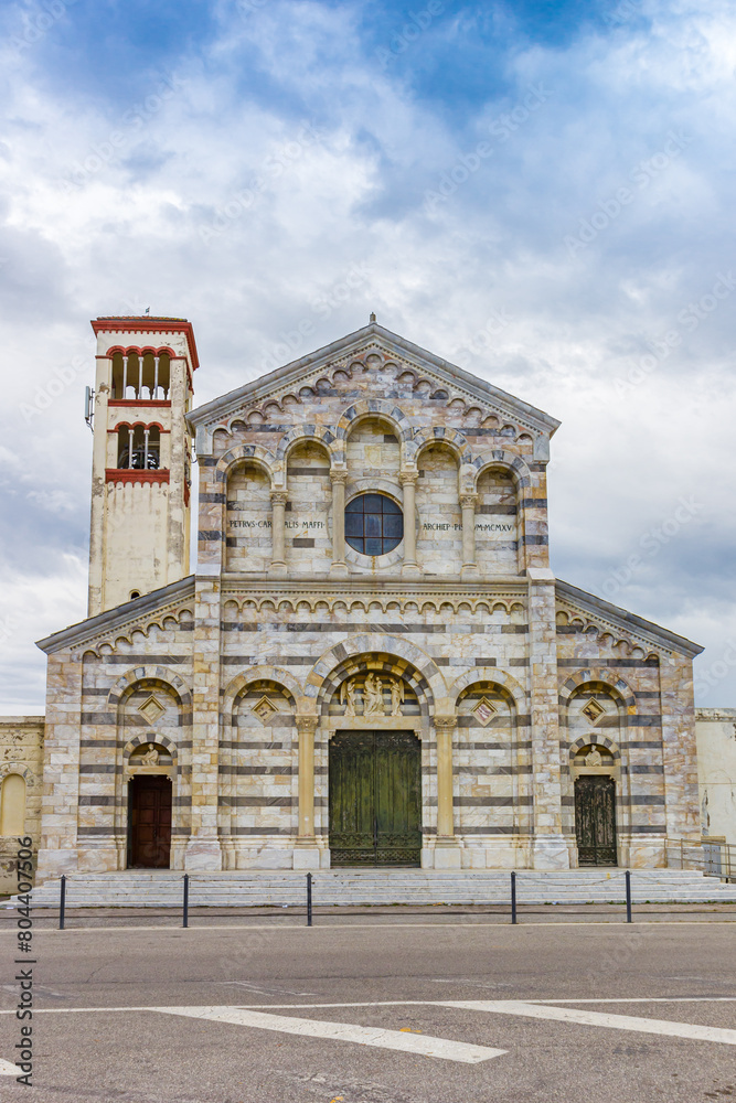 Front facade of the historic Santa Maria Ausiliatrice church in Marina di Pisa, Italy