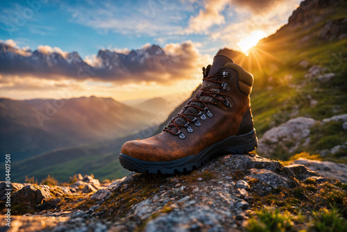 Hiking shoe for cross-country travel. Boot close up on highland rock. Generative AI. photo