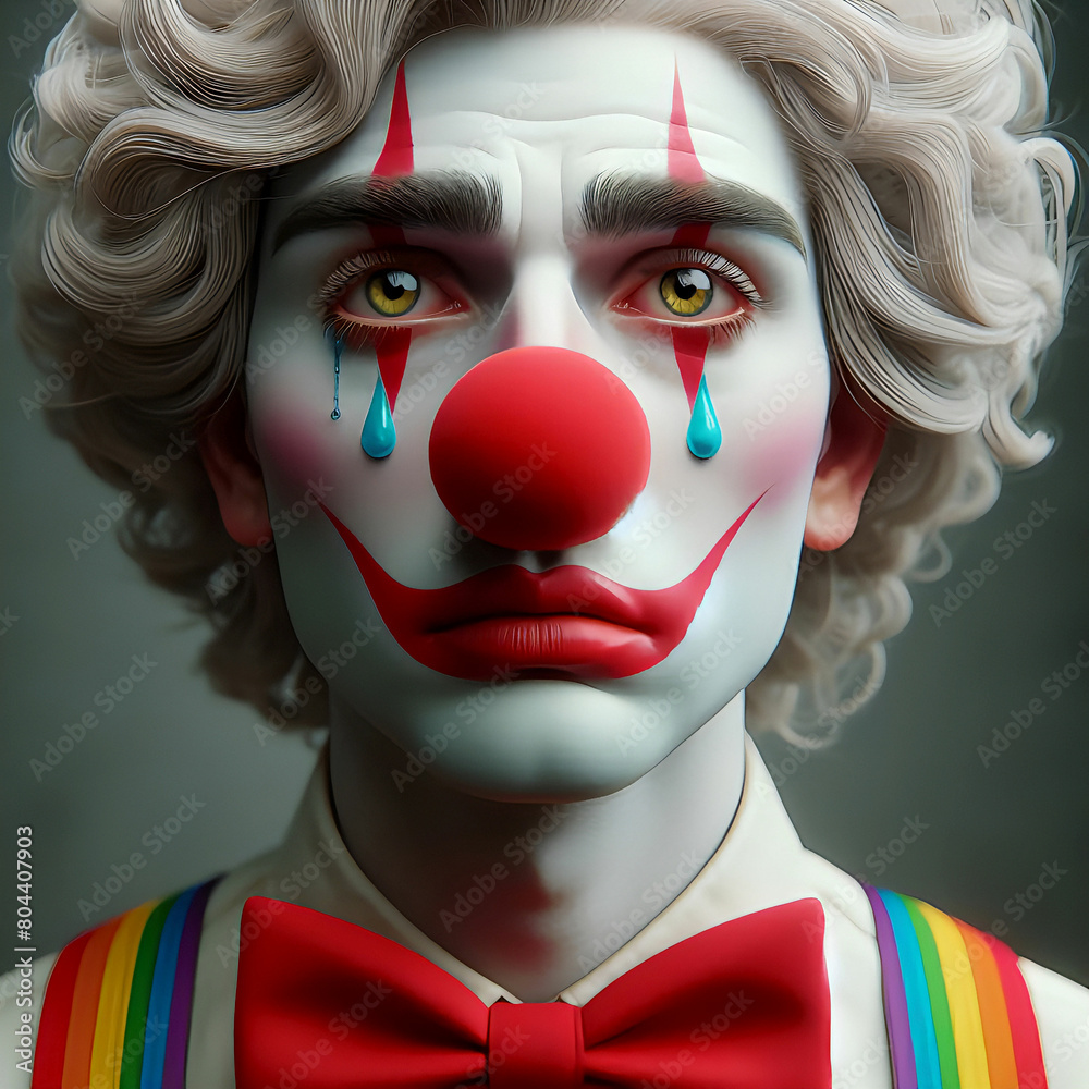 Ein trauriger Clown mit farbigen Tränen