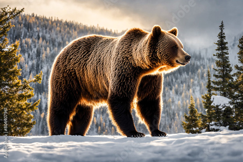 Big brown bear walking in the winter forest. Ranging or insomniac travelling bear. photo