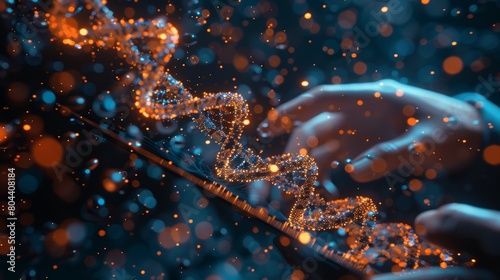 Futuristic Image of a Doctor Interacting with an Abstract Luminous DNA Molecule