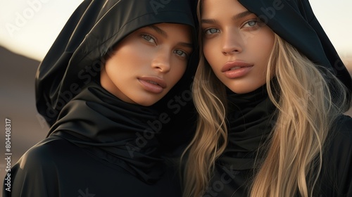 Elegant Portraits of Twin Sisters in Black Hooded Garments