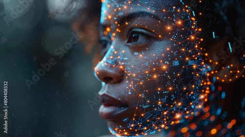 Futuristic Portrait of a Woman with Digital Interface Overlay  Representing AI and Neural Networks