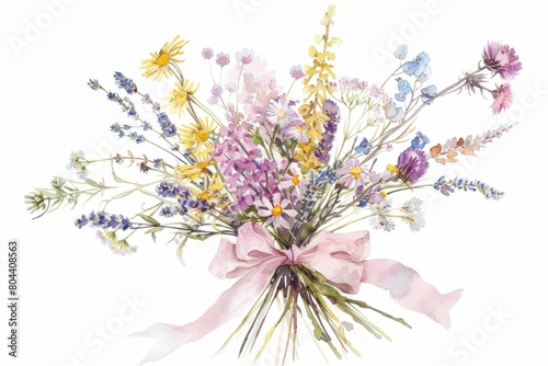 Colorful Watercolor Painting of Wildflowers Bouquet Tied with Pink Ribbon on White Background