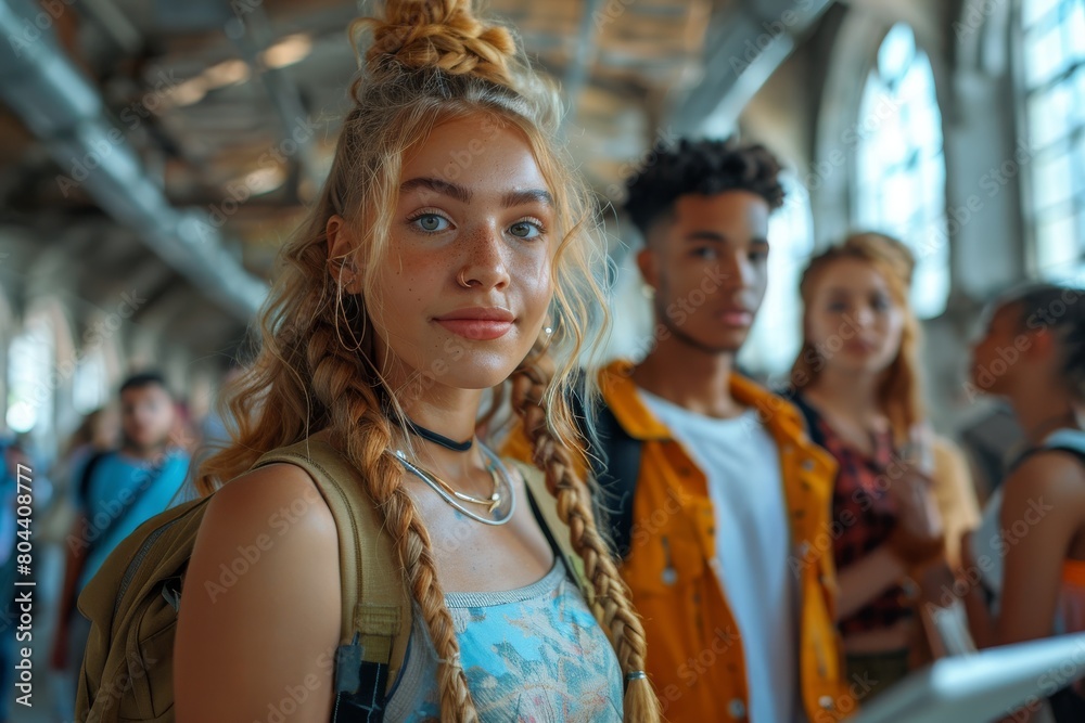 Attractive young woman in foreground with friends standing together in an urban environment, all looking at the camera Attractive young woman in foreground with friends standing together in an urban environment, all looking at the camera