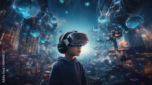Boy Wearing Virtual Reality Headset - Generative AI © Stock Photos Bank 