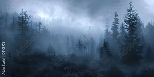 Foggy Forest Background with a Spooky Atmosphere  Background of a Foggy Forest with Spooky Undertones  Spooky Atmosphere Set in a Foggy Forest Background - Ai Generated