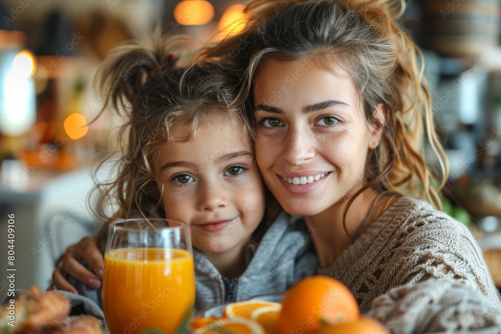 Mother and smiling daughter sharing a cozy moment over breakfast, with orange juice and a healthy spread Mother and smiling daughter sharing a cozy moment over breakfast, with orange juice and a healthy spread