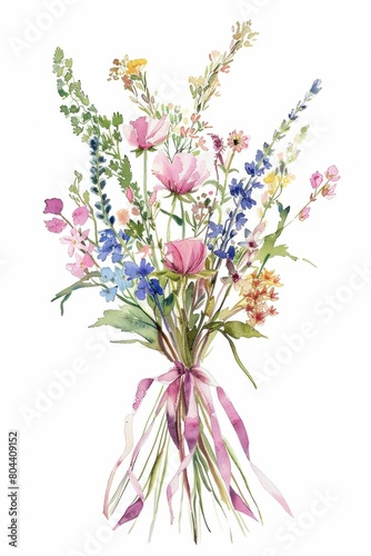 Watercolor painting of a beautiful bouquet of wildflowers with a ribbon tied around it on white background