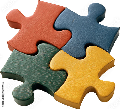 Four plain-colored wooden jigsaw pieces are arranged together.