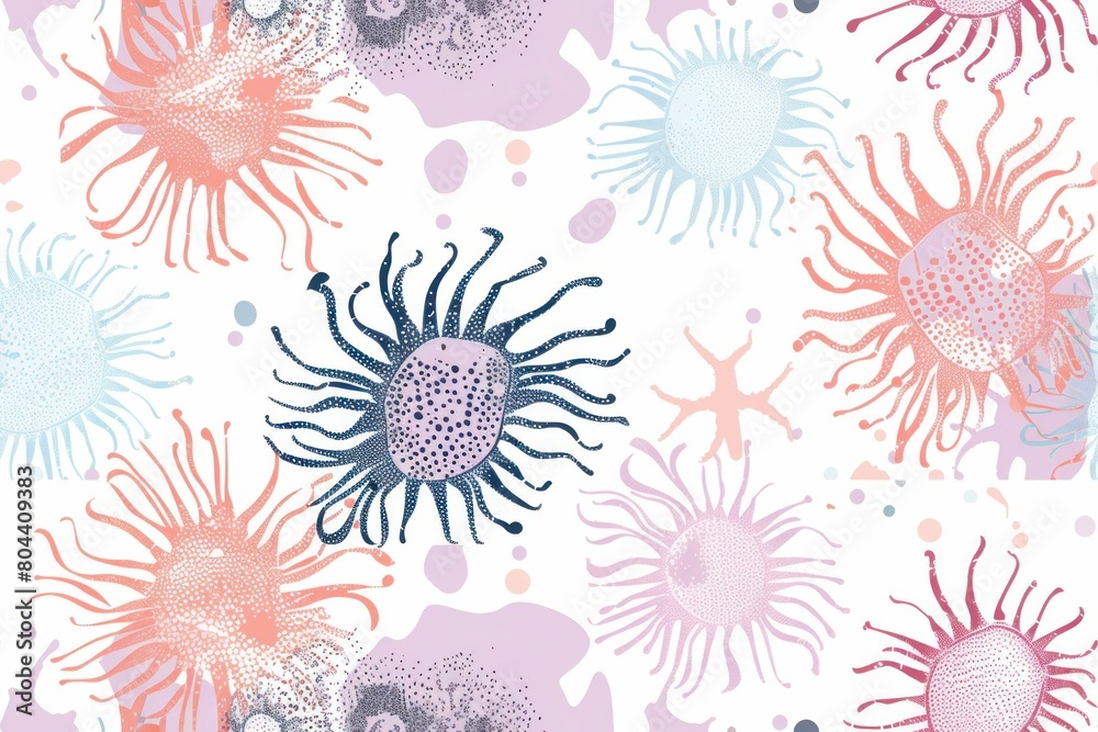 Fototapeta premium Seamless Floral Pattern with Pink, Blue, and Purple Flowers and Leaves on White Background