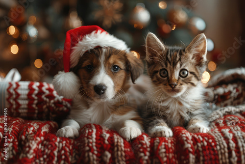 Cute puppy and kitten wearing Christmas hats. Created with AI