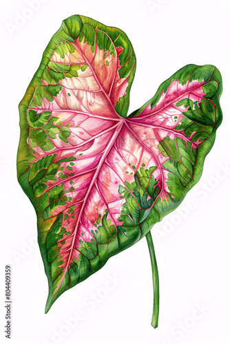 Watercolor style drawing of leaf of tropical green and pink Caladium plant on white bacground © Firn