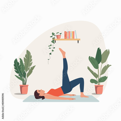 Young woman does pilates at home.Flat style cartoon vector illustration.