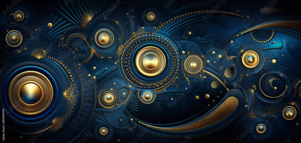a computer generated image of a blue and gold abstract background with circles and dots on a black background with a gold center a computer generated image of a blue and gold abstract background with circles and dots on a black background with a gold center