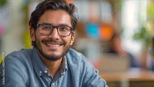 Young Hispanic professional at computer, bright office, enthusiastic work portrait photo