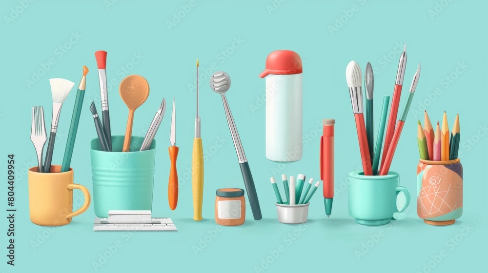 Obraz premium Whimsical illustrations of everyday objects like household items or office supplies for creative branding.