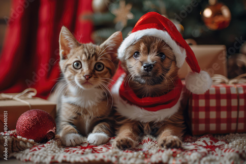 Cute kitten and puppy in a santa hat sitting near a christmas tree with gifts. Created with AI