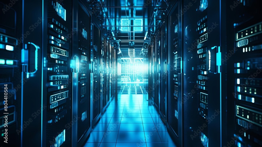 Data encryption process, secure server room, network protection, blue ambient lighting, closeup Data encryption process, secure server room, network protection, blue ambient lighting, closeup