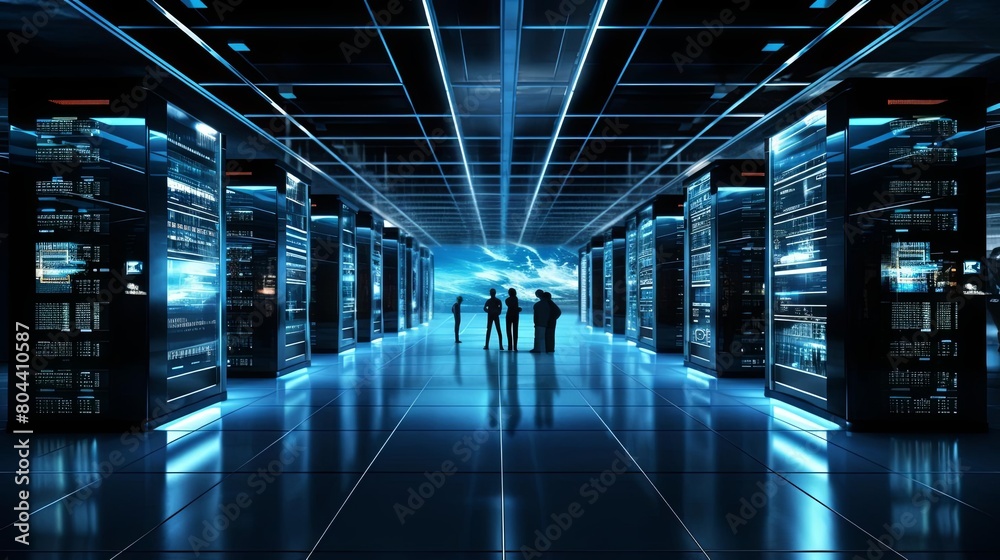 Data center security key protocols, guarded servers, hightech surveillance, medium shot