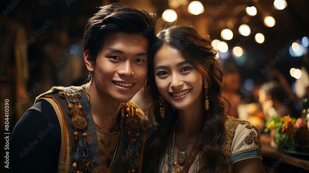 A young Asian couple, dressed in traditional clothing, smile happily at the camera. The background is blurred with bokeh lights.