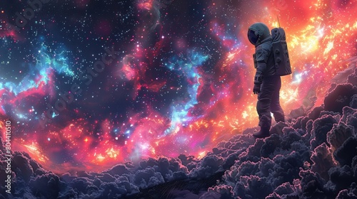 Astronaut Exploring Vibrant Galaxy Amidst Clouds, Space Adventure Concept Illustration