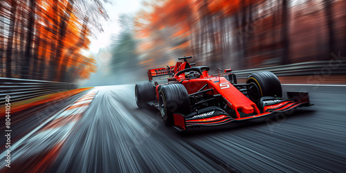 red acing car driving fast on the race track in nature at autumn. Motion blur photo