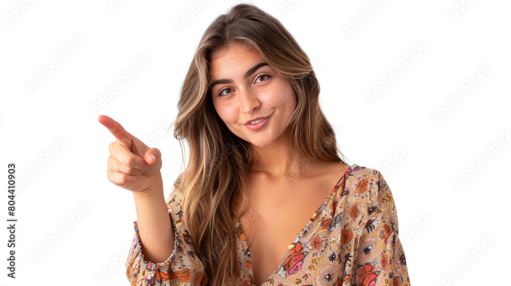 Smiling cute young woman pointing at something, isolated on transparent background Smiling cute young woman pointing at something, isolated on transparent background