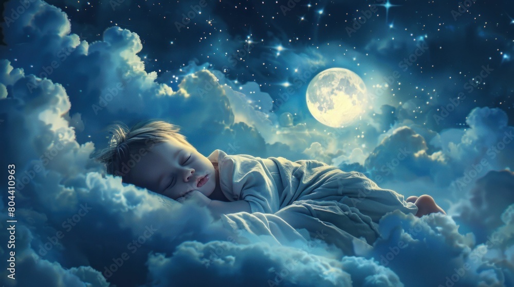 Peaceful Baby Sleeping in the Clouds Under a Full Moon and Sparkling ...