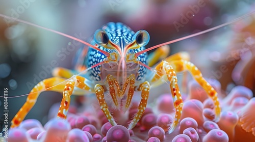 Close-up of a colorful shrimp (Caridea) on a sea star (Asteroidea), Maui; Hawaii, United States of America, 8k Genrative AI