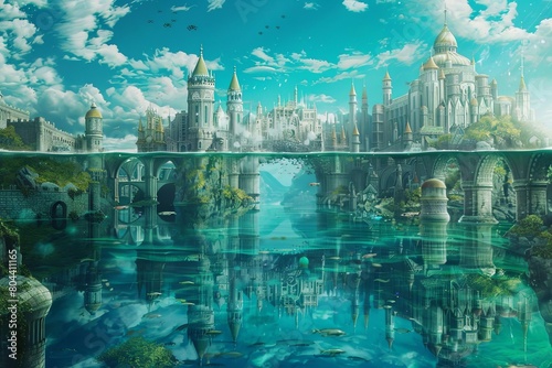 Delve into the enchanting depths of an isekai realms crystal-clear lake, capturing the reflection of a fantastical cityscape from underwater, creating a surreal blend of reality and fantasy photo