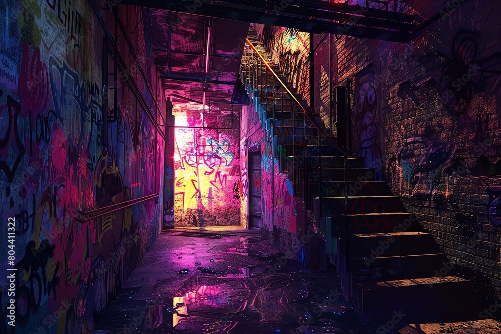 Delve into the world of street art and urban exploration with a digital rendering technique, utilizing unconventional camera angles to add depth and intrigue to the composition Emphasize the fusion of