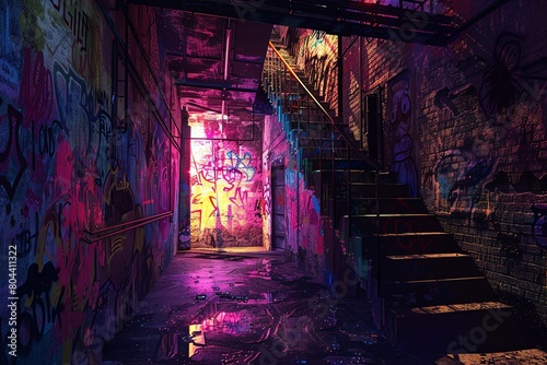 Delve into the world of street art and urban exploration with a digital rendering technique, utilizing unconventional camera angles to add depth and intrigue to the composition Emphasize the fusion of © nattapon