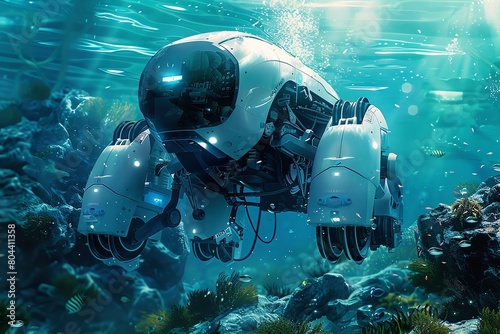 Demonstrate the concept of underwater robotics through a photorealistic digital illustration Emphasize the rear view of the robot, with precise details and a sense of depth in the underwater environme