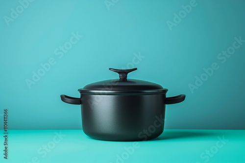 Black cooking pot on teal background © MISHAL
