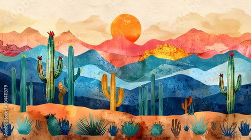 Vivid watercolor landscape with cartoon cacti serenading Cinco de Mayo festivities photo