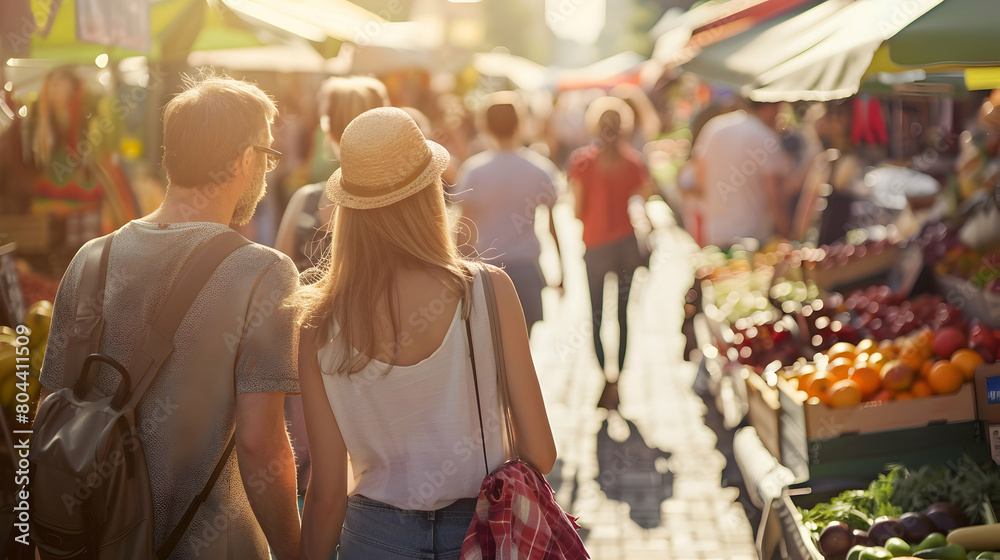 Obraz premium Exciting Summer Savings: Discover Hot Discounts and Unbeatable Offers with Couples and Teams at Outdoor Markets, Retail Outlets, and Online Stores Fueling Excitement and Anticipation for the Best Deal