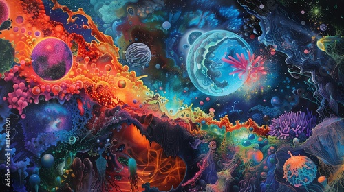 depicting nanotechnology merging with dreamlike utopian landscapes in vivid acrylic colors