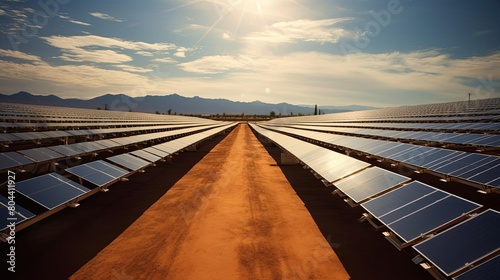 Desert solar power installation, fighting climate change, endless rows, harsh sunlight, wide angle