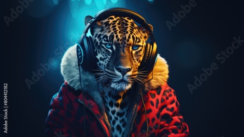 Amur Leopard Wearing Coat And Headphones Listening - Generative AI photo