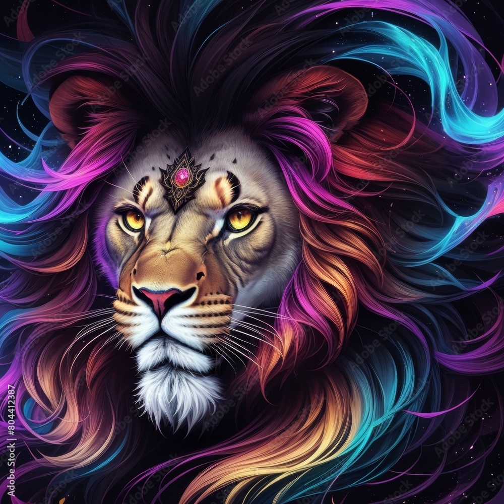 Portrait Illustration Of A Lion On A Colorful Nebula In The Space, Closeup, Stars In The Background