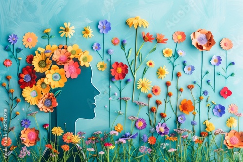 World mental health day concept. Paper human head symbol and flowers on blue background photo