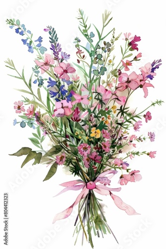 Colorful Watercolor Painting of a Beautiful Bouquet with Pink, Purple, and Blue Flowers in a Delicate Harmony