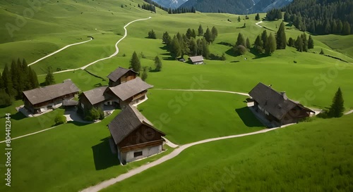 Aerial tilt down view of the lush green meadows of Pralongia in the Italian Dolomites Drone is flying up fast revealing old cottages and winding unpaved roads and paths LuPa Creative photo