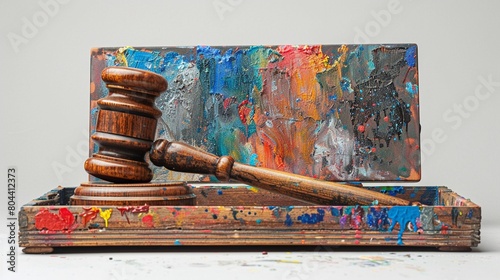 Auction Gavel on a Paint Tray Conceptualize an auction gavel resting in a paint tray, symbolizing the intersection of art creation and art auctioneering