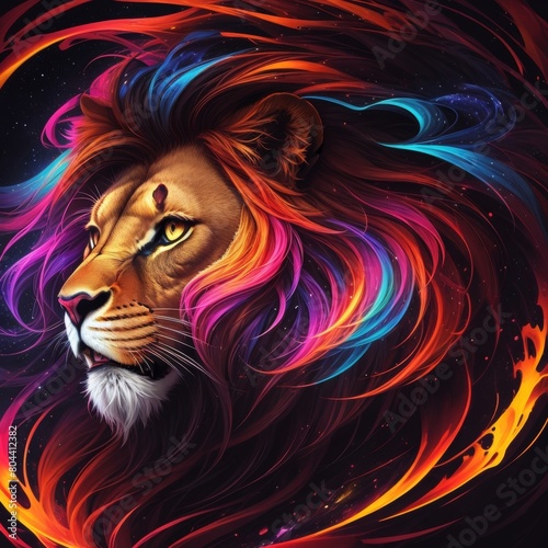 Portrait Illustration Of A Lion On A Colorful Nebula In The Space  Closeup  Stars In The Background