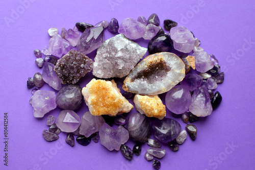 Beautiful purple druzy with amethyst and citrine crystals. Magical semi-precious stones.